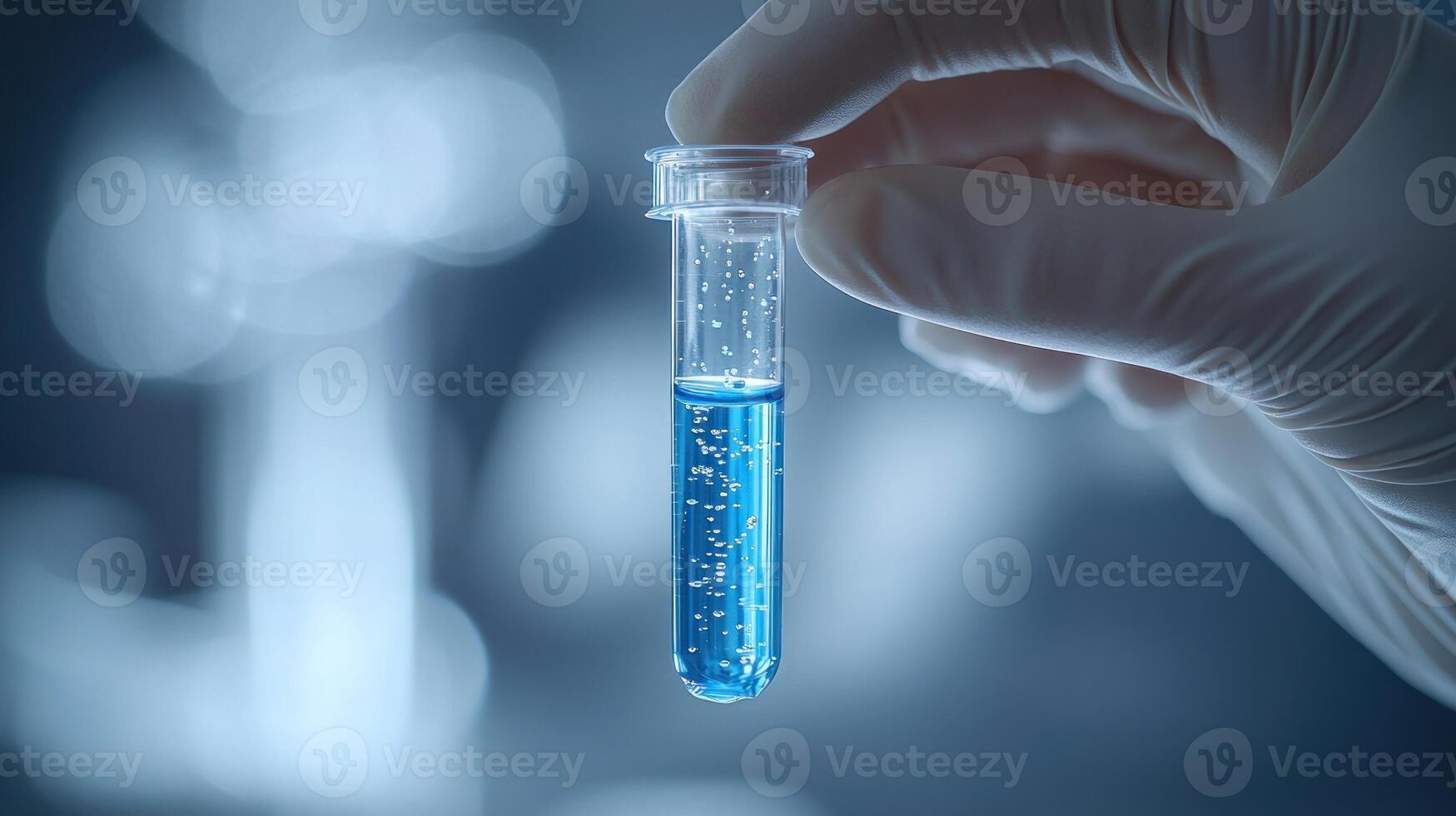 A gloved hand holds a test tube of vibrant blue liquid, embodying science photo