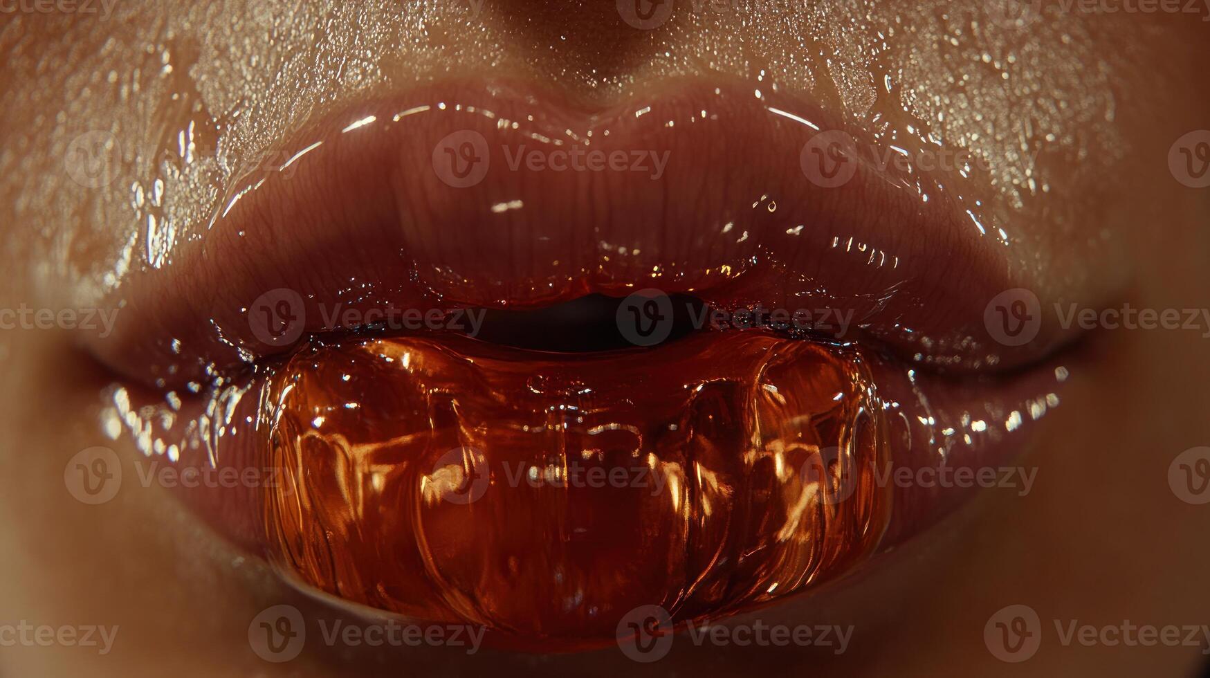 Glossy lips glisten as they hold a vibrant candy, creating a striking visual moment photo