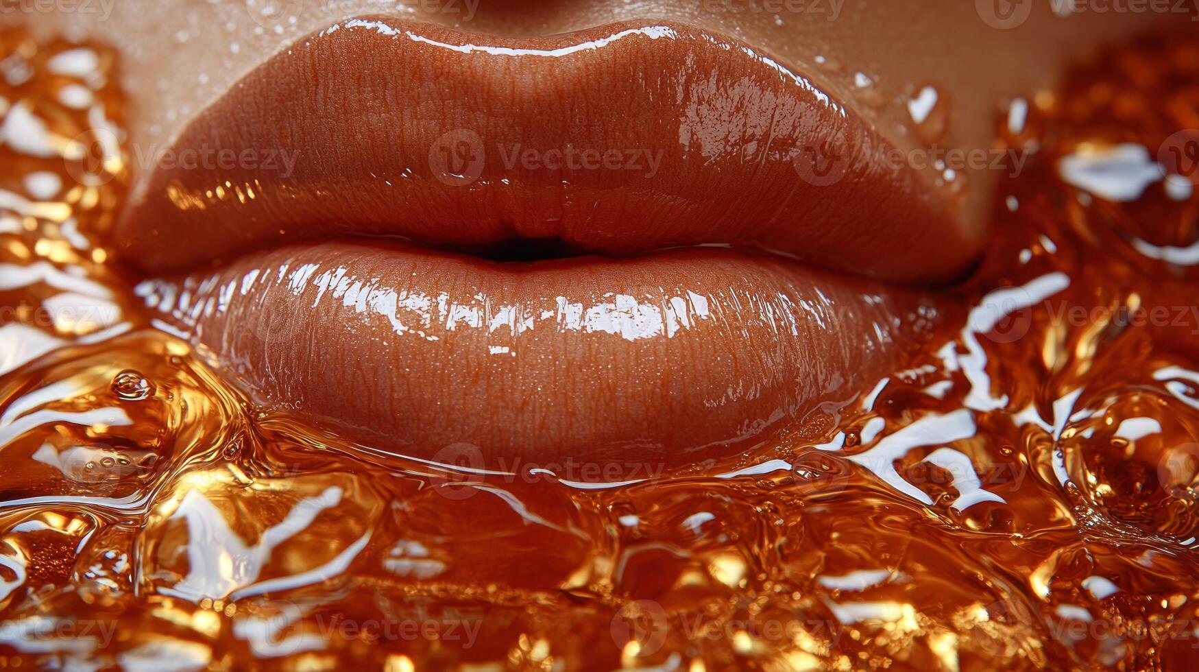 Glistening lips rise from warm, amber fluid, embodying beauty and sensuality photo