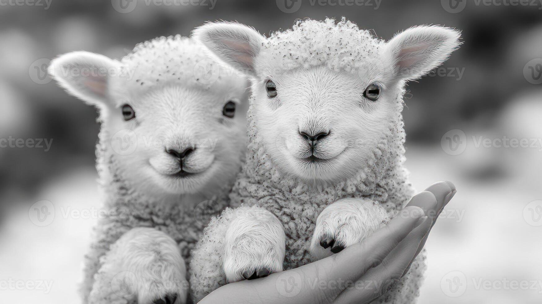 Two fluffy twin lambs comfortably cradled in a nurturing hand, exuding innocence photo