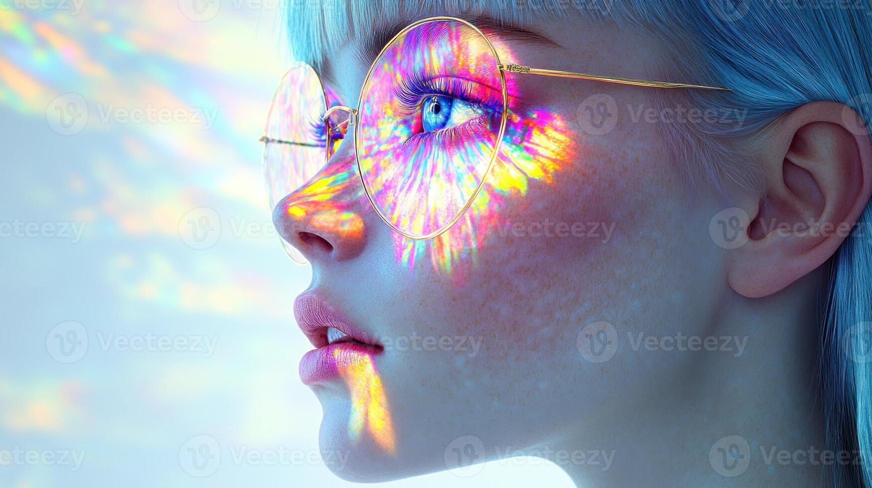A young woman gazes thoughtfully with colorful reflections illuminating her face photo