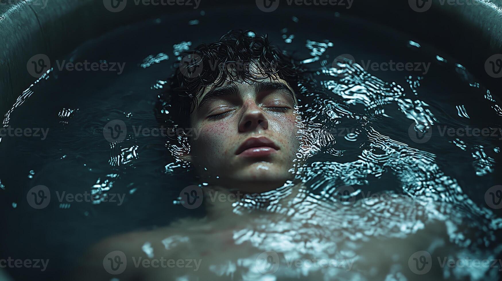 A serene moment of contemplation as a young man lies quietly in a tranquil water tub, lost in thought during late evening hours photo