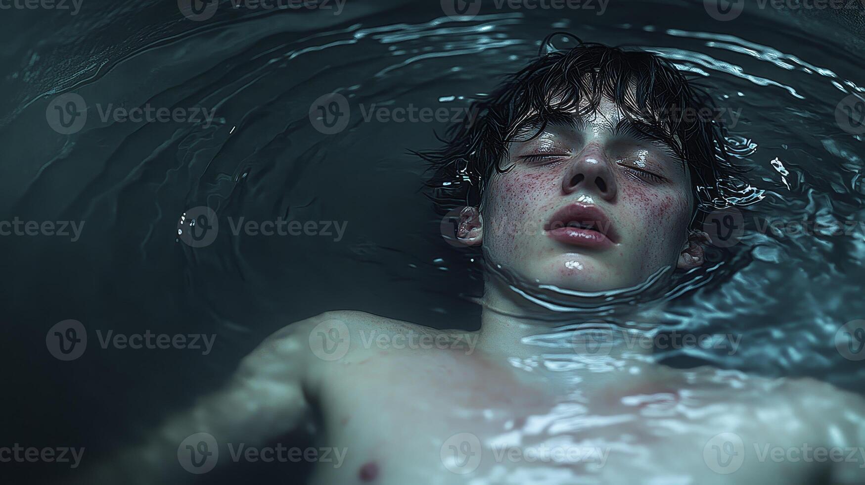 A young person floats serenely in a still, dark water, capturing a moment of reflection and tranquility at dusk photo