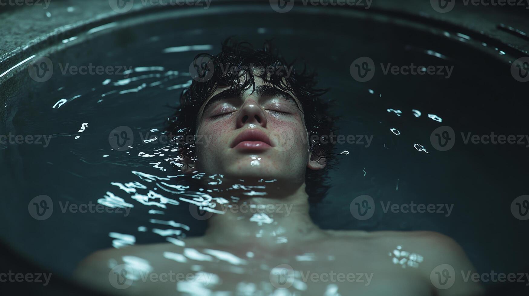 A tranquil moment of reflection as a young man floats in still water under soft light in a serene, secluded space photo
