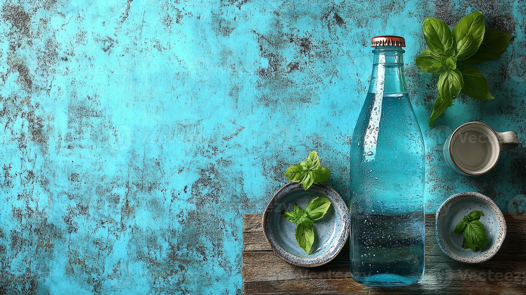 Refreshing glass bottle filled with water surrounded by basil leaves on vibrant teal backdrop photo