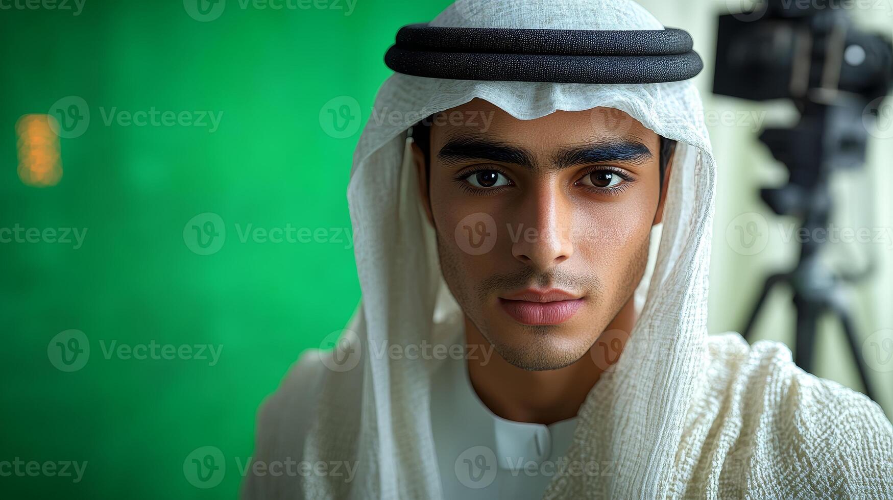 A young man in traditional Emirati attire poses confidently in front of a vibrant green backdrop during a creative photo shoot in the UAE