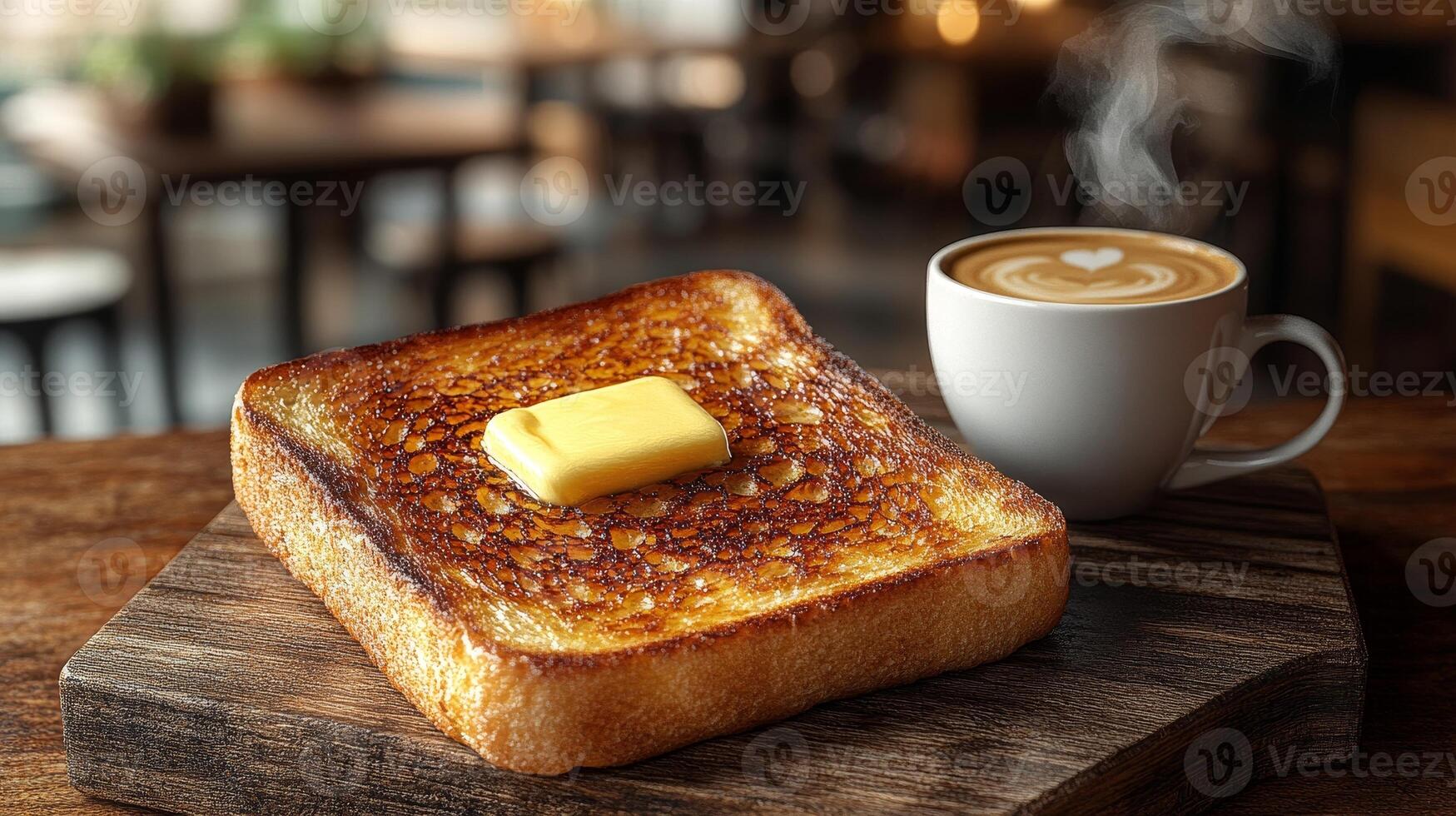 Enjoying a warm slice of perfectly toasted bread with melting butter and a steaming cup of coffee in a cozy cafe setting photo