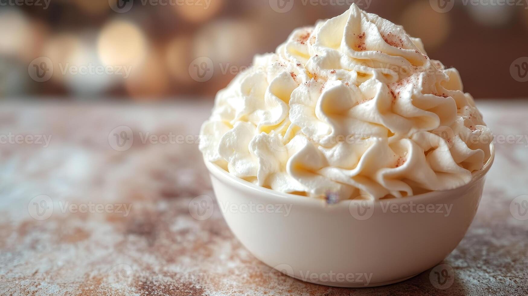 Indulging in a creamy bowl of whipped cream topped with a sprinkle of cinnamon in a cozy cafe setting during autumn photo