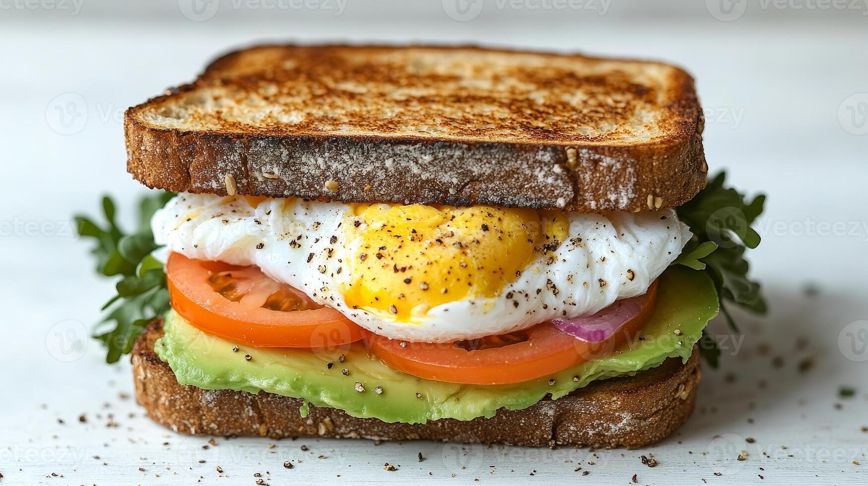 Freshly made breakfast sandwich with avocado, tomato, and poached egg on toasted whole grain bread, perfect for a morning boost photo