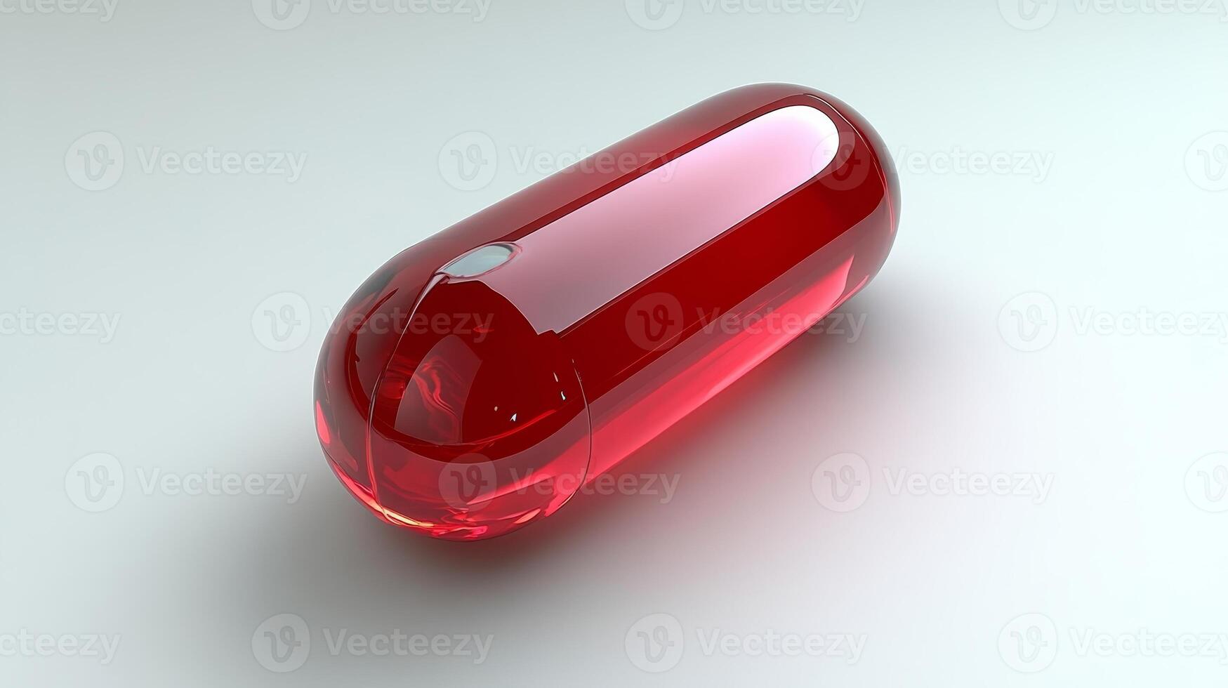 A vivid red capsule glistens in bright light, showcasing its glossy surface, revealing the beauty of everyday pharmaceuticals in a minimalist setting photo