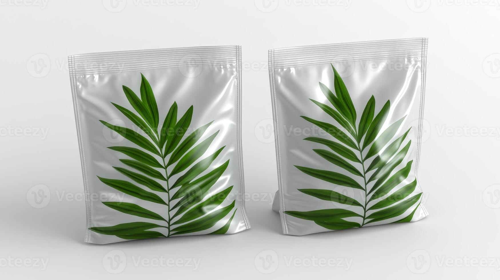 Two transparent packets containing fresh green leaves displayed on a minimalist background, capturing a sense of nature and purity photo