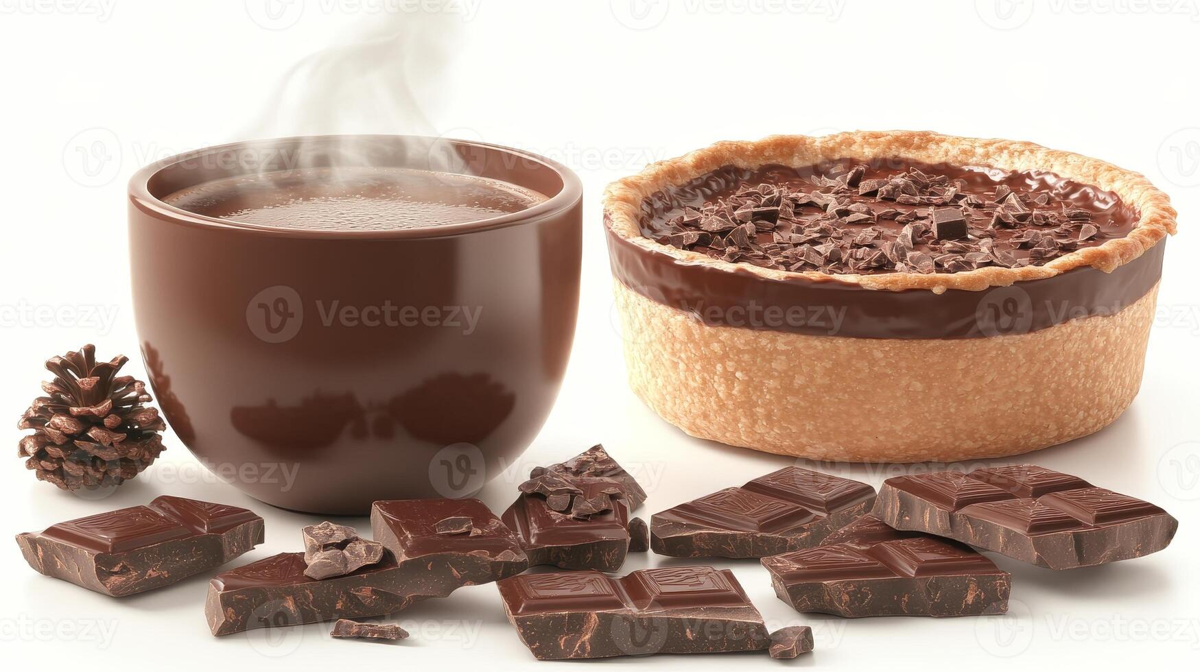 Warm chocolate drink and delicious pie with chocolate pieces on a white surface for a cozy winter treat experience photo
