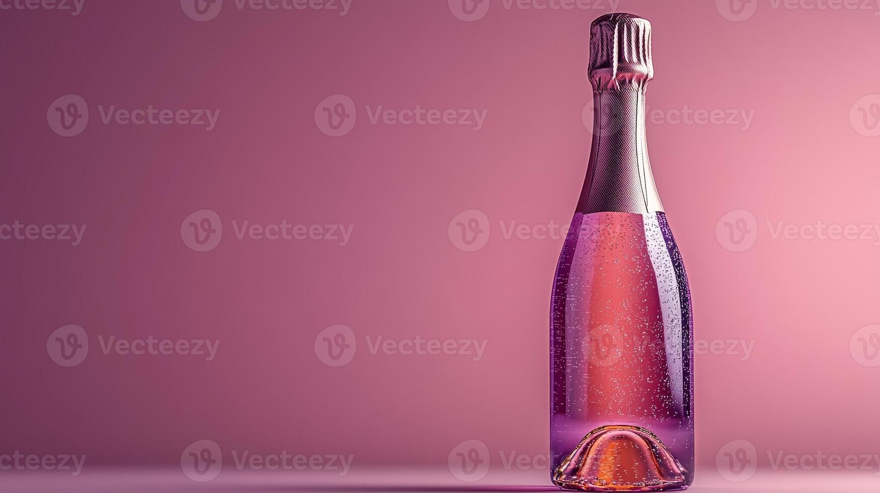 A stunning bottle of sparkling pink beverage glimmers elegantly against a soft purple background, inviting celebration and joy photo