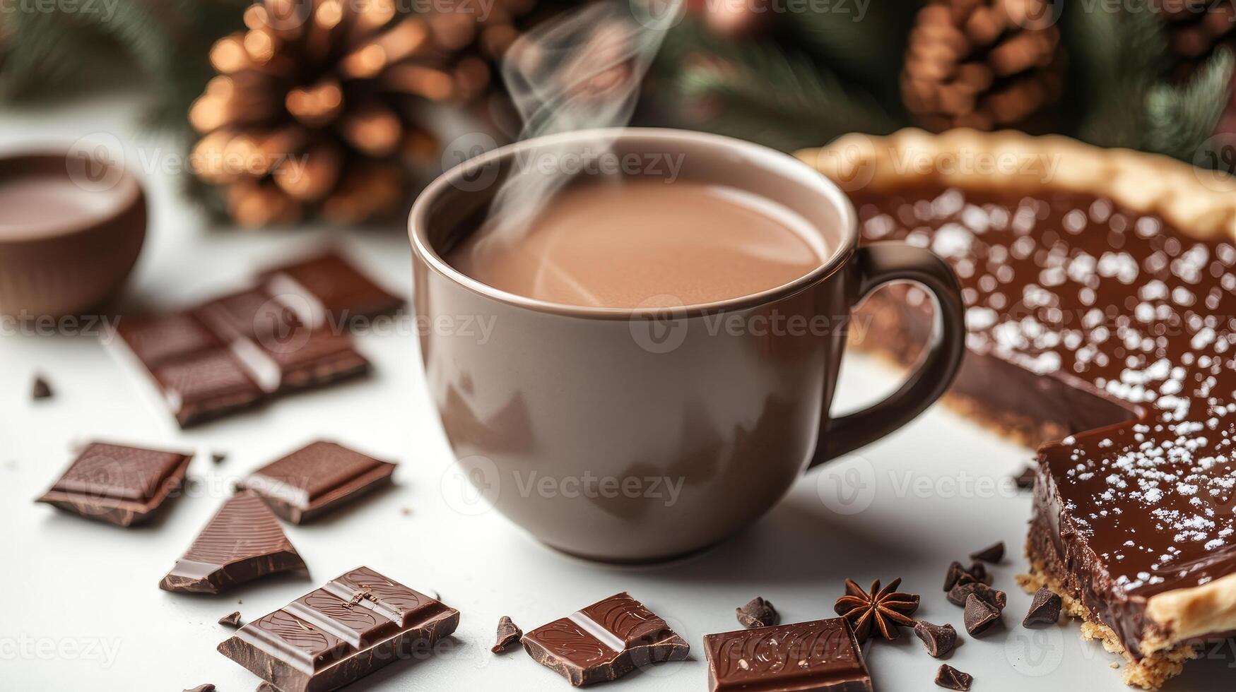 Cozy warm cup of cocoa surrounded by chocolate treats and a festive pie during a winter gathering photo