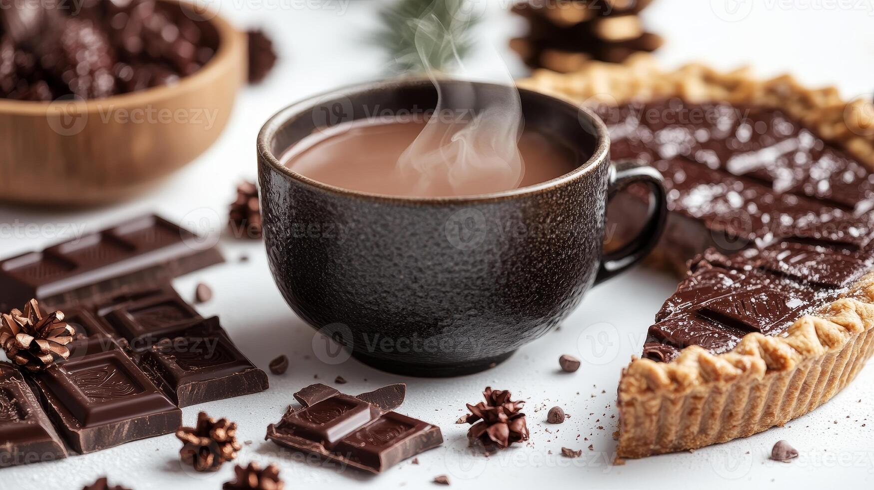 Cozy winter delight featuring steaming hot chocolate, rich chocolate tart, and festive pine cones on a serene table setting photo