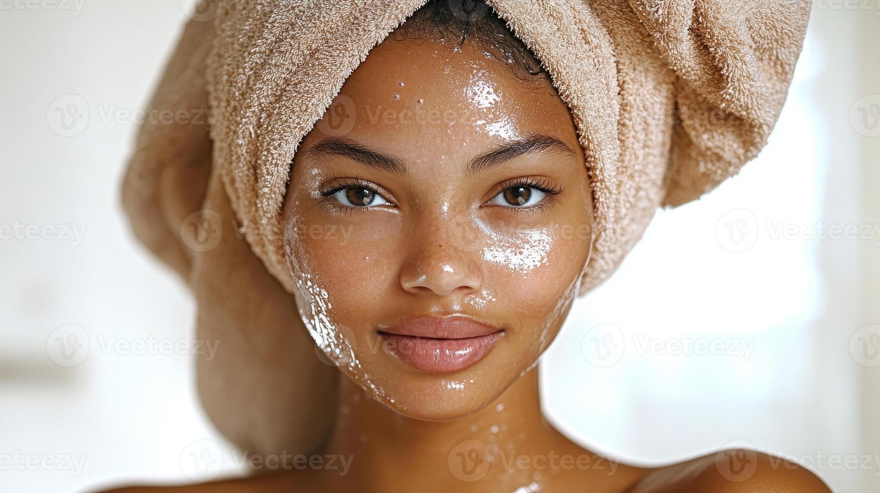 Natural skincare routine with refreshing facial mask in a serene bathroom setting during morning light photo