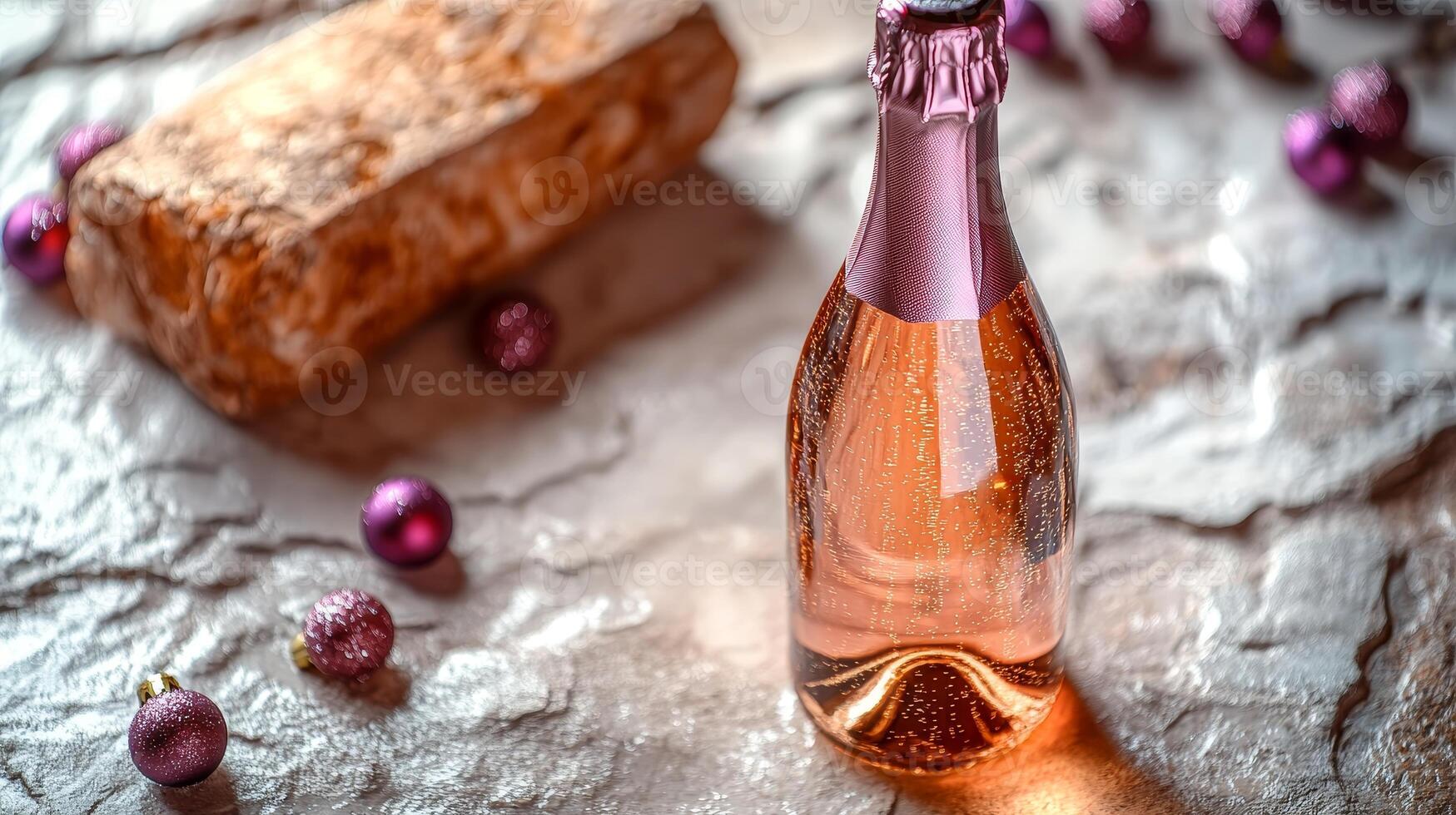 Celebratory toast with sparkling rose wine and festive decorations during an elegant evening gathering photo