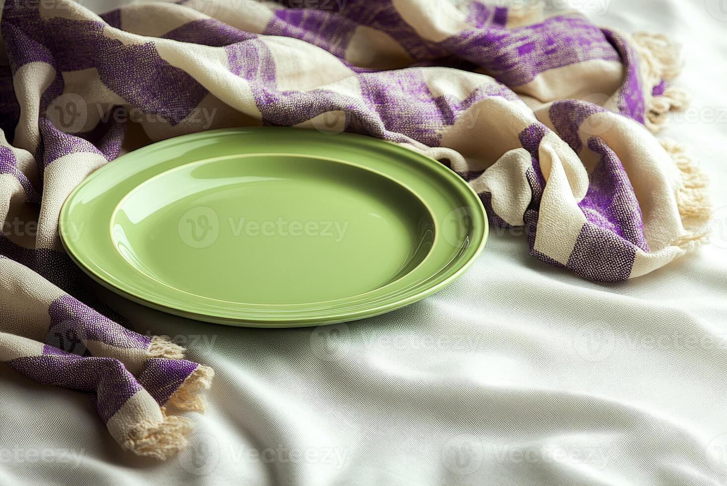 A serene moment with a green plate resting on a soft, patterned blanket in the morning light photo