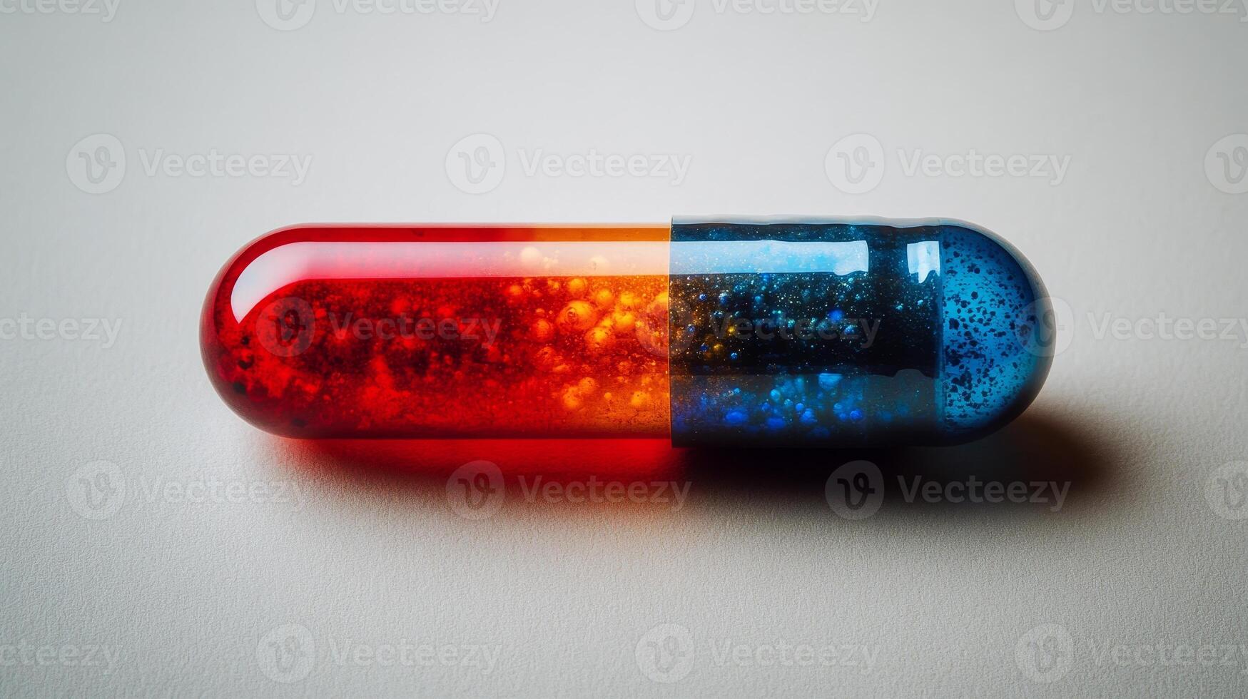 A vibrant capsule filled with colorful glitter, showcasing a blend of red and blue hues against a soft neutral background photo