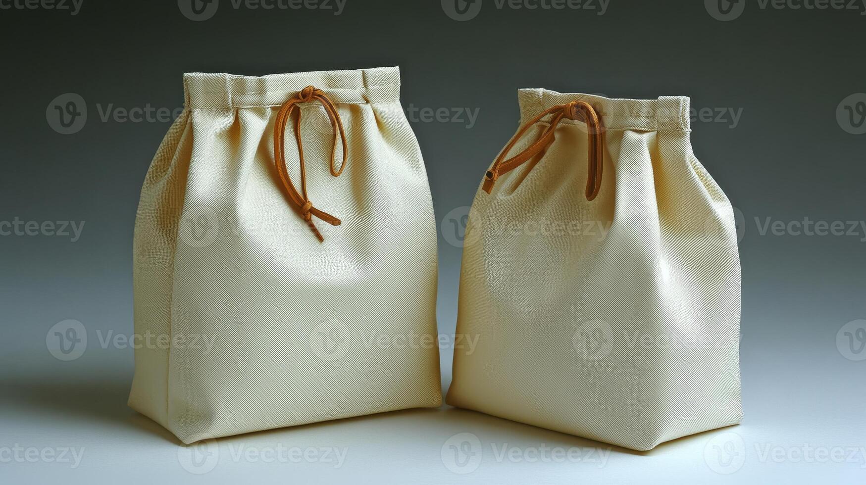 Two elegant fabric bags with drawstrings standing side by side on a smooth surface, showcasing simplicity and style in a minimalist setting photo