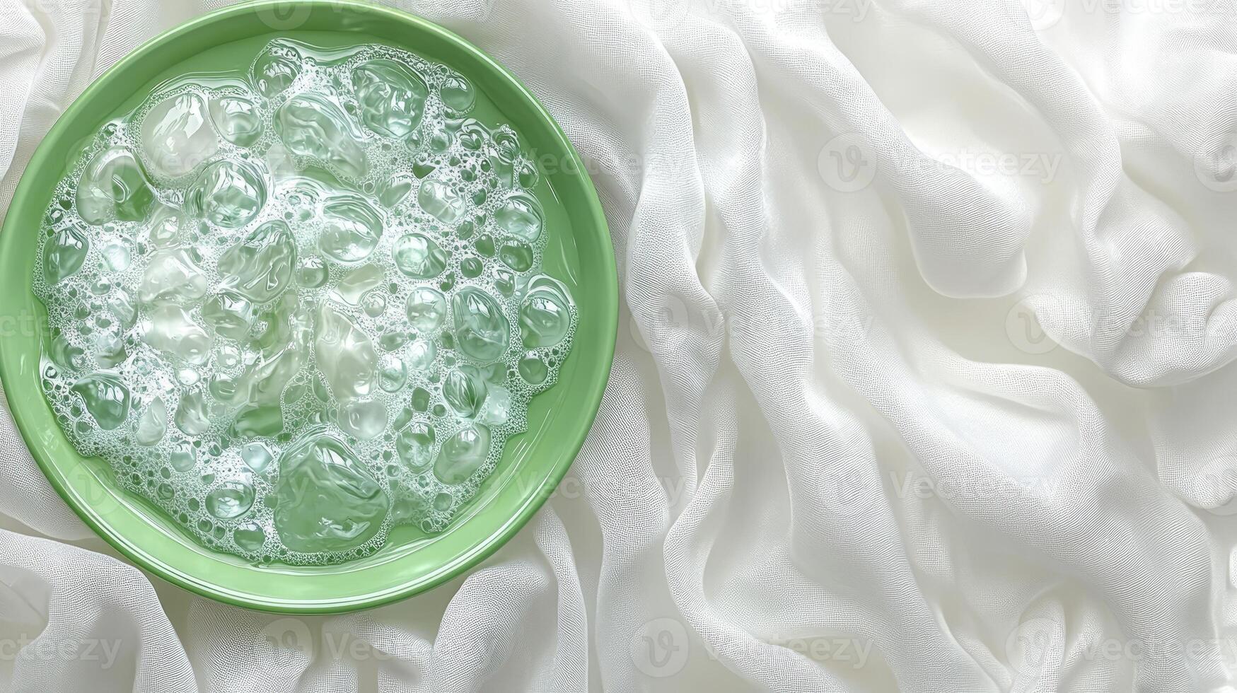 A serene moment with bubbles in a green bowl placed on soft, flowing white fabric during a peaceful afternoon at home photo
