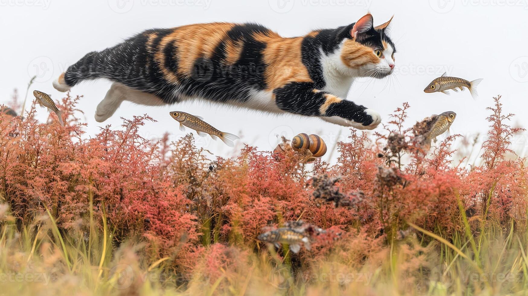 A playful cat leaps through colorful wildflowers as fish swim nearby in a whimsical display of nature's charm at dawn photo