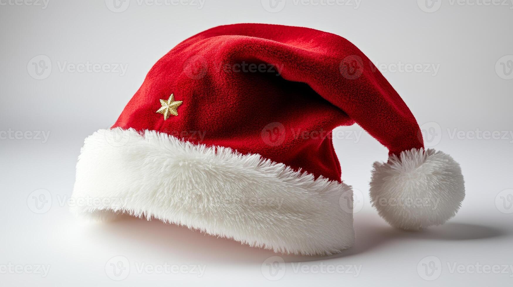 A festive red Santa hat with a soft white trim and golden star sits against a plain background, ready for holiday celebrations and joyful gatherings photo