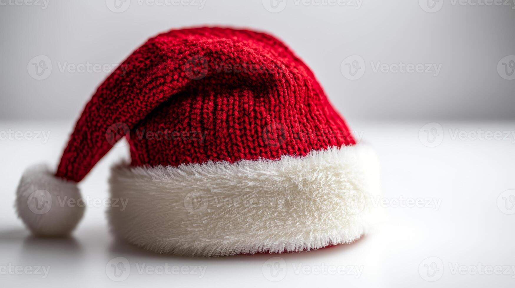 A cozy red Santa hat resting on a white surface, symbolizing the joy and warmth of the holiday season during festive celebrations photo
