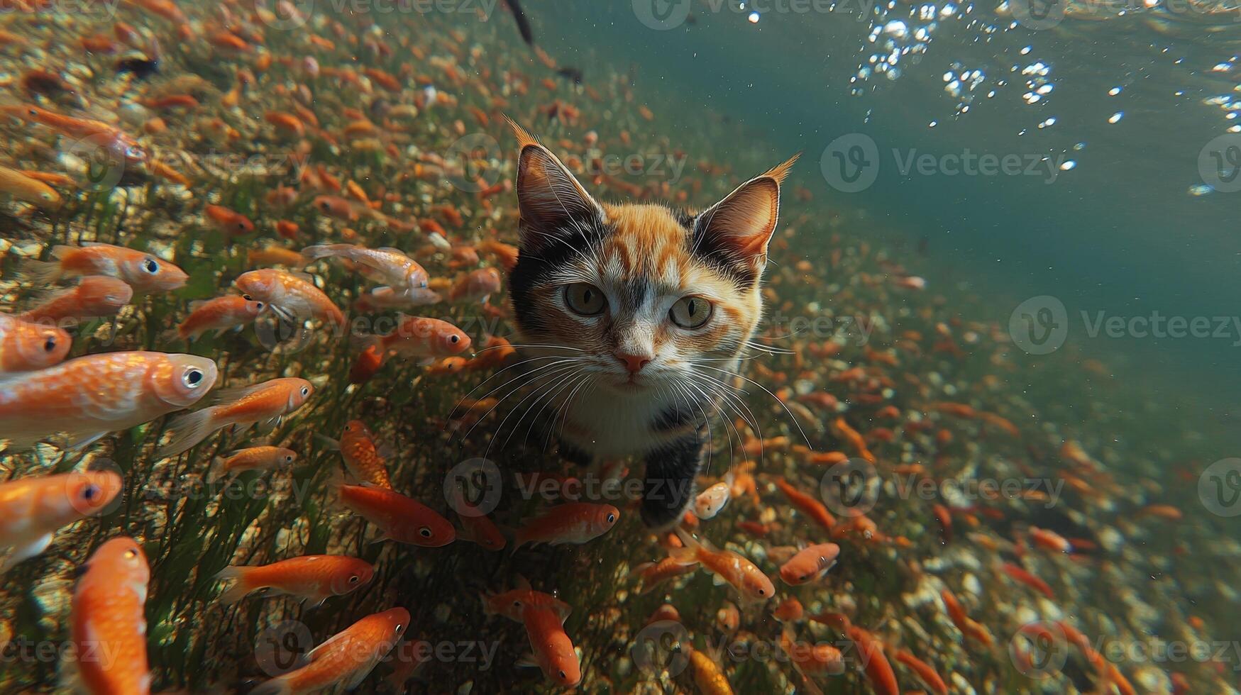 A curious cat explores a vibrant underwater world filled with colorful fish in a serene lake during a sunny afternoon photo
