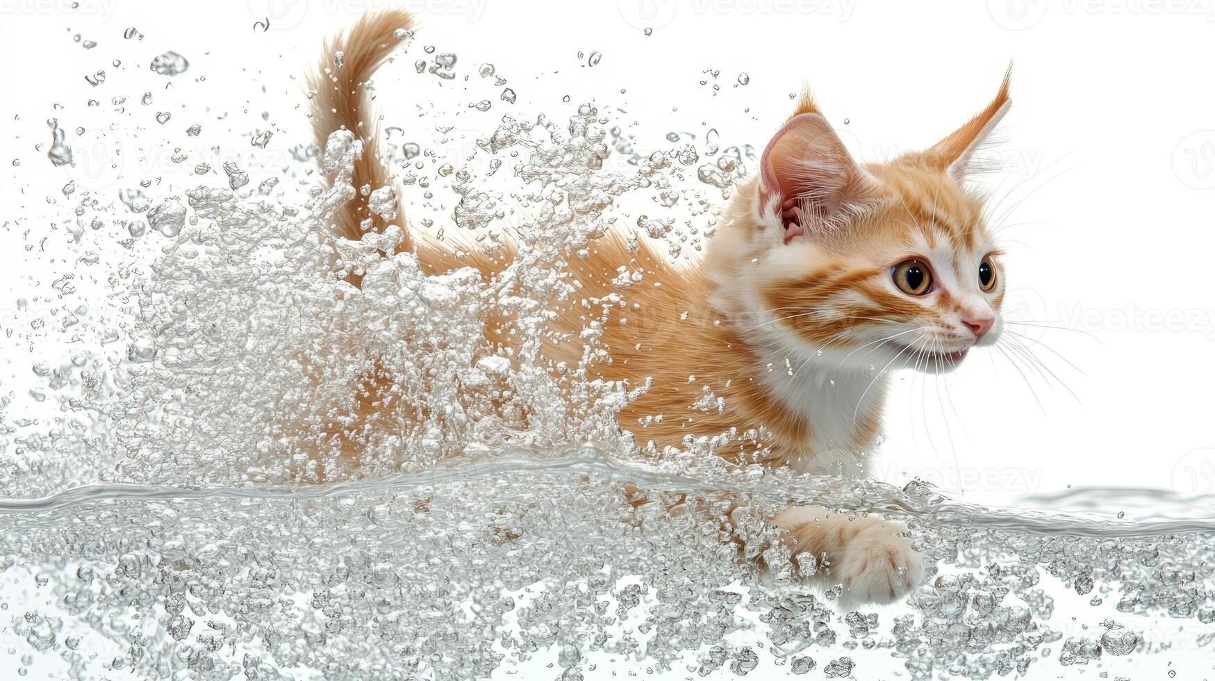 A playful orange kitten splashes joyfully in a sparkling pool of water during a sunny afternoon of fun and exploration photo
