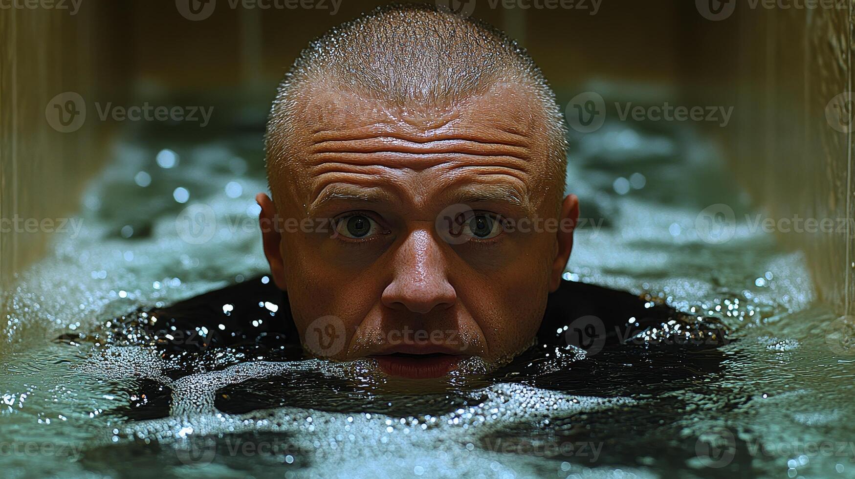 A man emerges from shimmering water in a serene pool, capturing a moment of stillness and contemplation at twilight photo