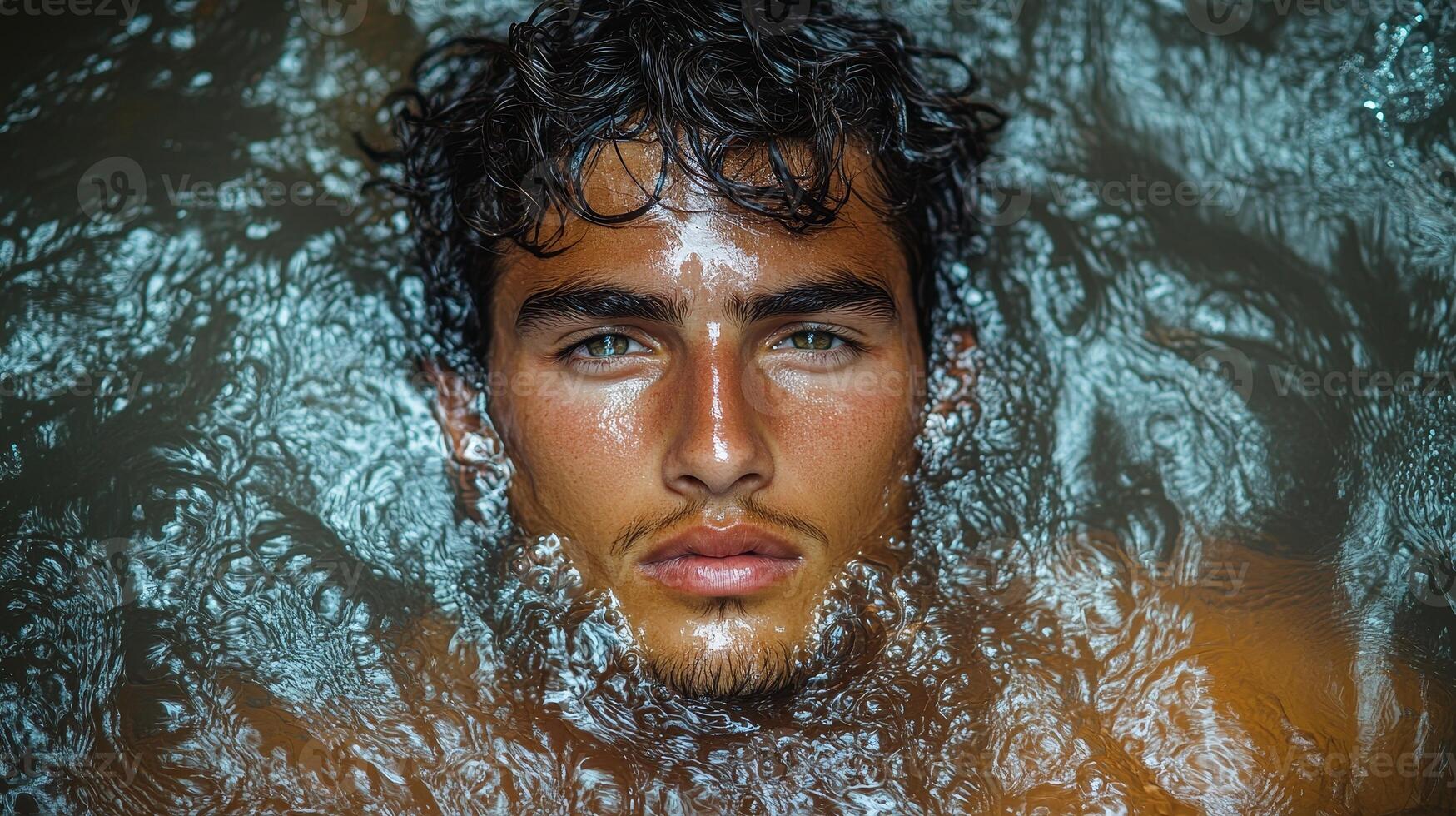 A serene moment of contemplation as a young man floats in tranquil waters, embraced by shimmering ripples during a peaceful evening photo