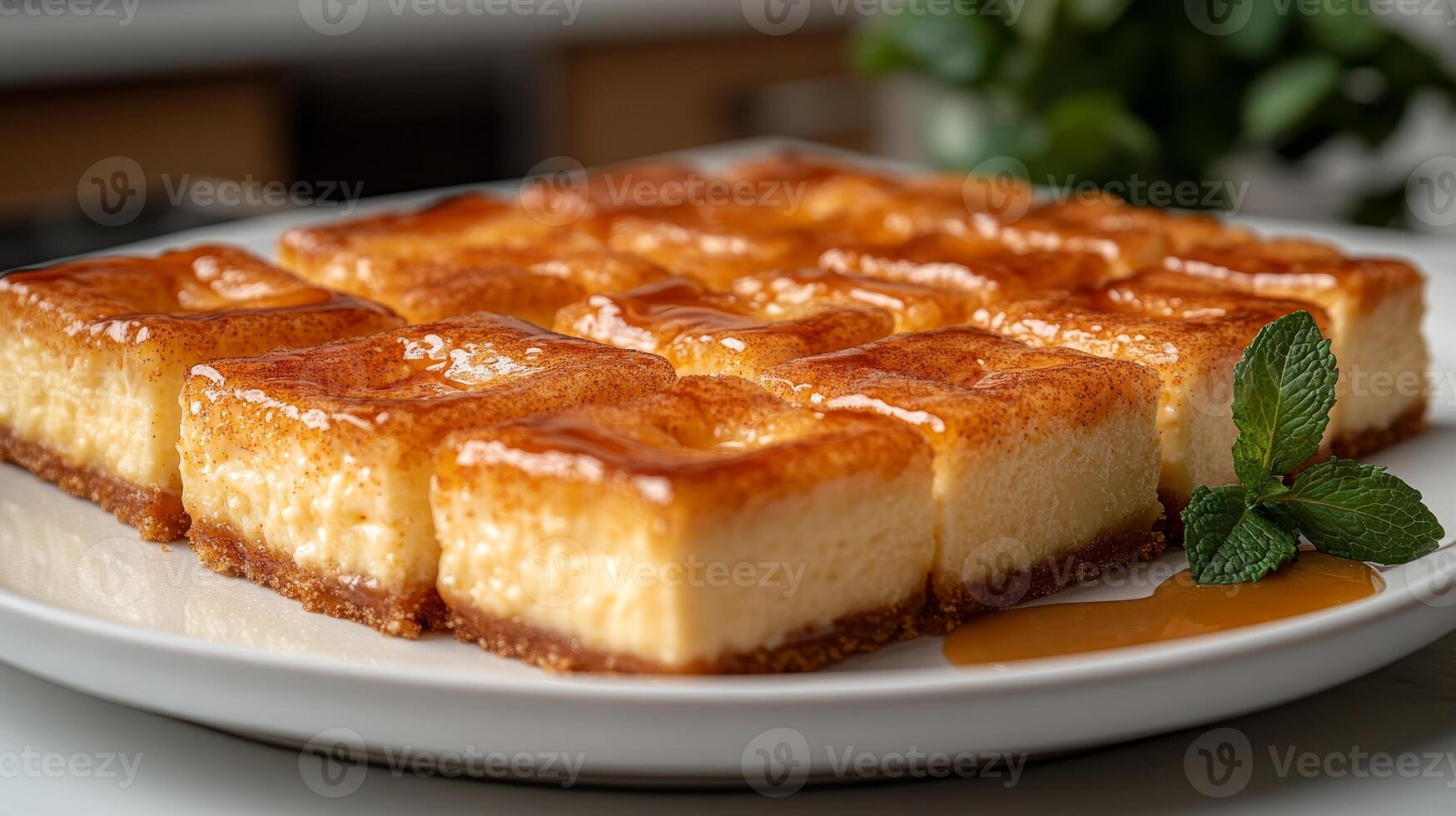 Sweet caramel flan dessert squares served on a platter, surrounded by greenery in a warm setting photo