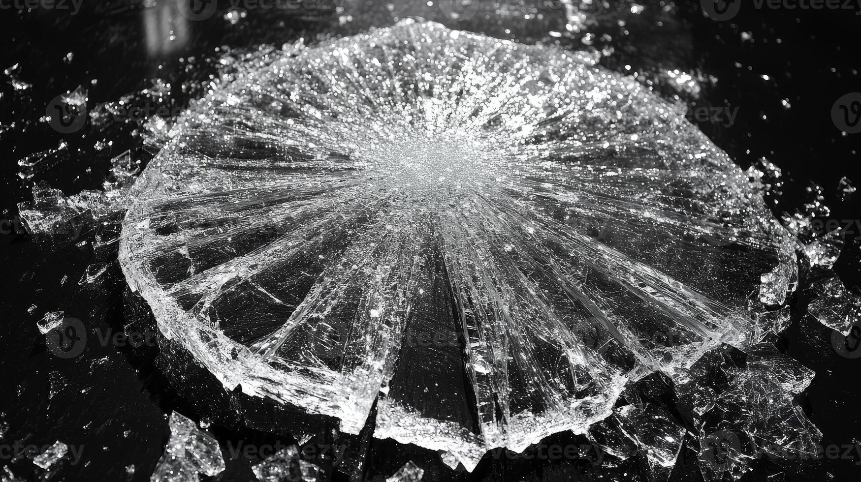 Fragments of glass lay scattered, creating an artistic display of reflections and shapes photo