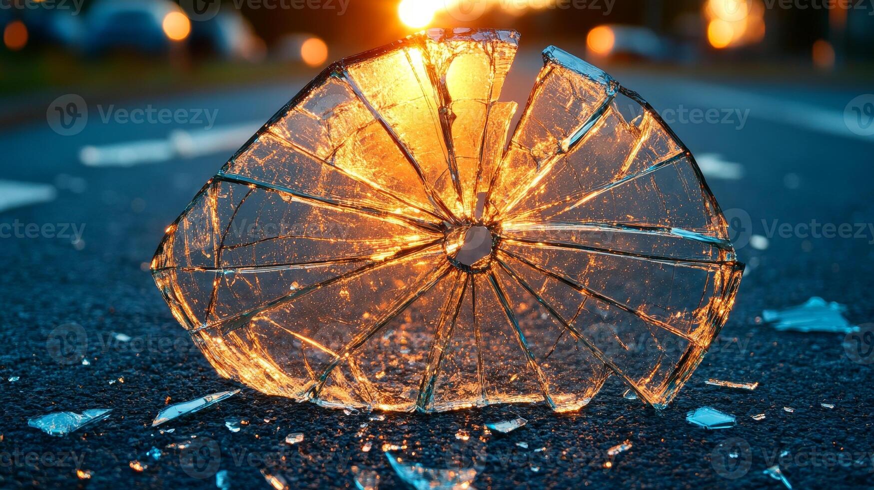 Fragments of glass reflect the warm sunset light on a deserted roadway, creating a striking visual photo