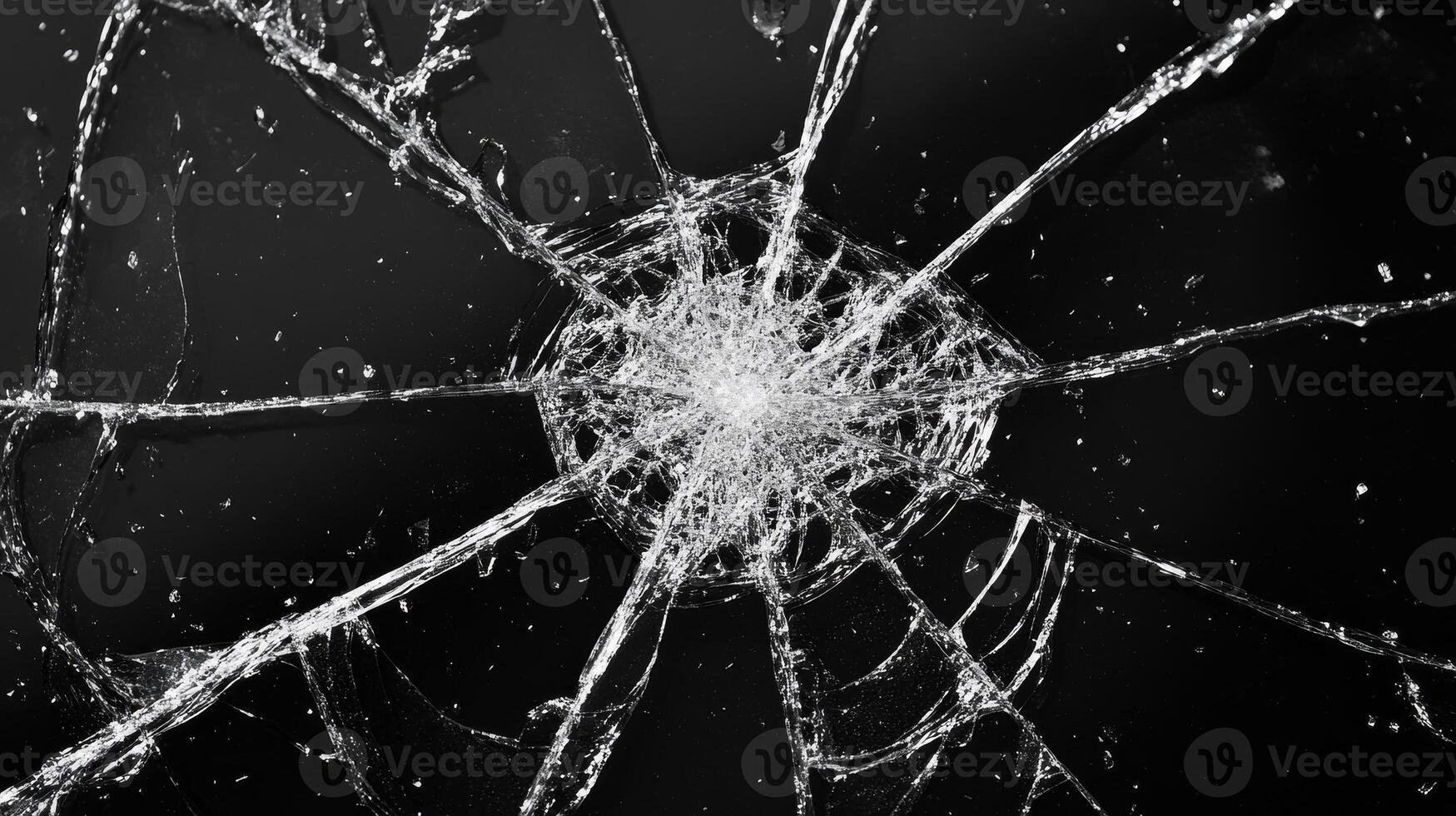 Cracks and shards of glass radiate outward, creating a mesmerizing pattern of light and form photo