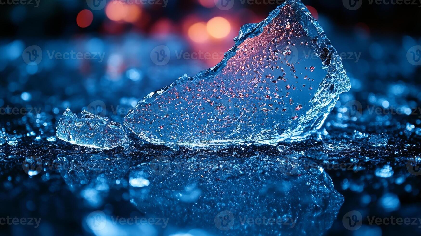 A stunning ice shard glimmers on a reflective surface, lit by soft blue tones and twinkling lights photo