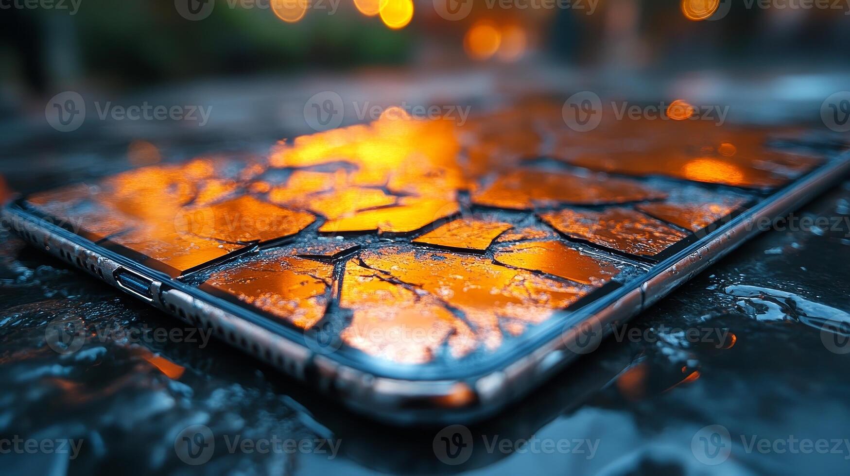 A cracked tablet rests on a wet surface, its reflection mingling with warm city lights photo