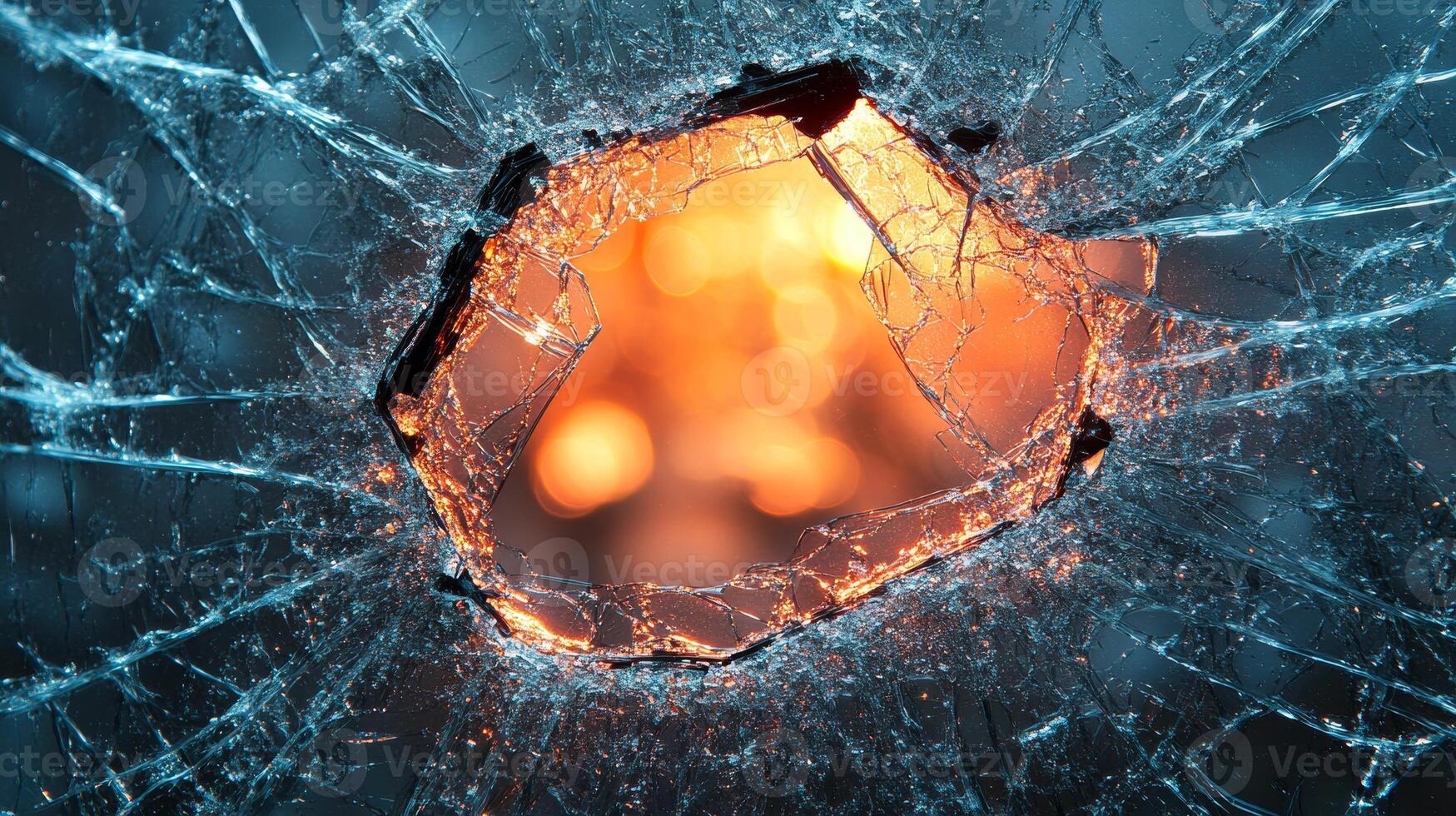 Fragmented glass creates an intriguing aperture, exposing a soft, warm light beyond photo