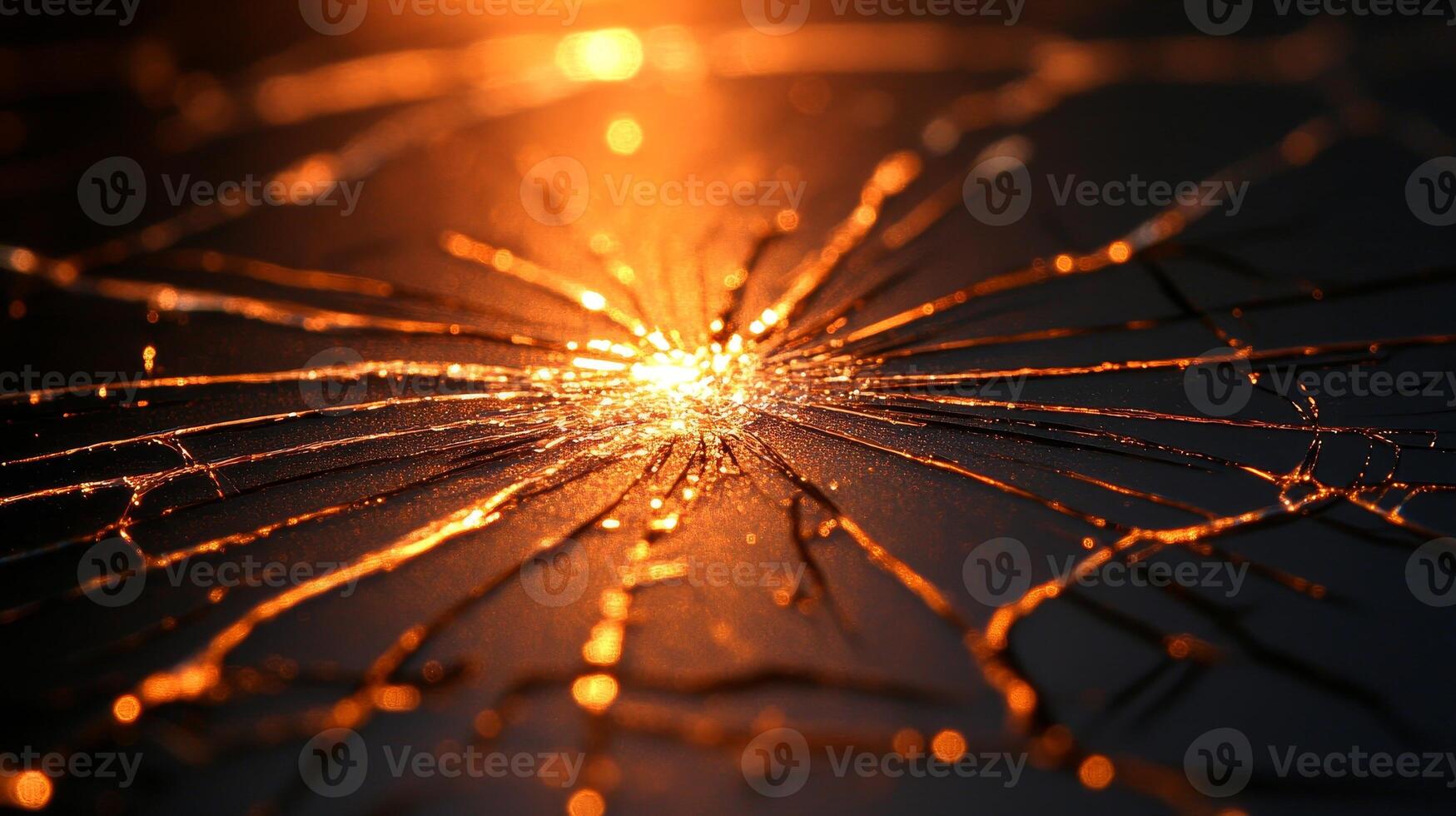 Warm golden light reveals intricate shattered glass patterns, creating stunning contrasts photo