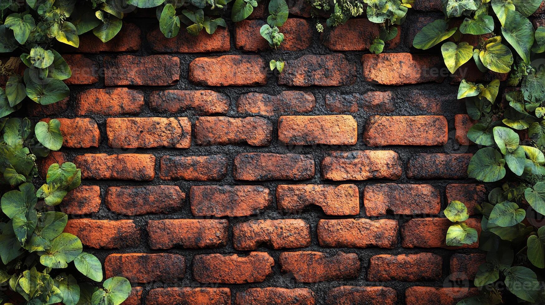 Red brick wall adorned with greenery creates a warm and inviting atmosphere outdoors photo
