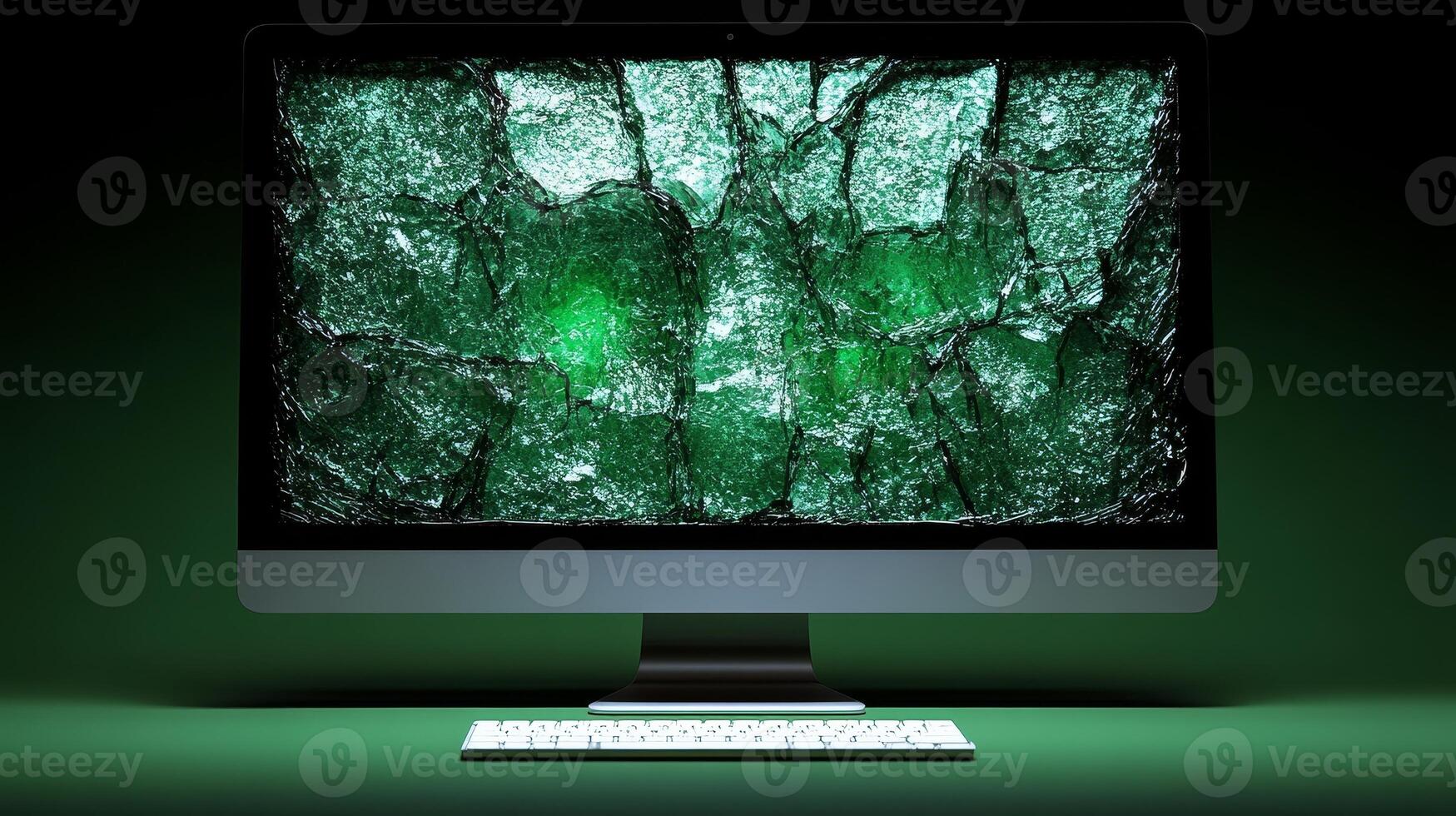 Bright green shards of glass create a dynamic texture on a dark screen, revealing creative artistry photo