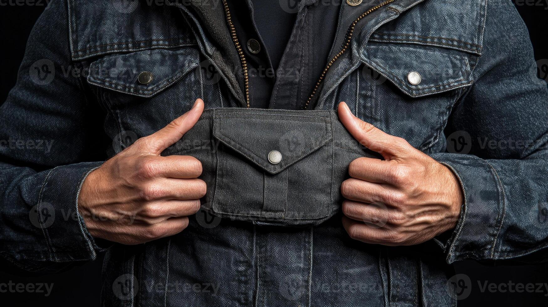 A man proudly presents a distinctive pocket feature on his denim jacket photo