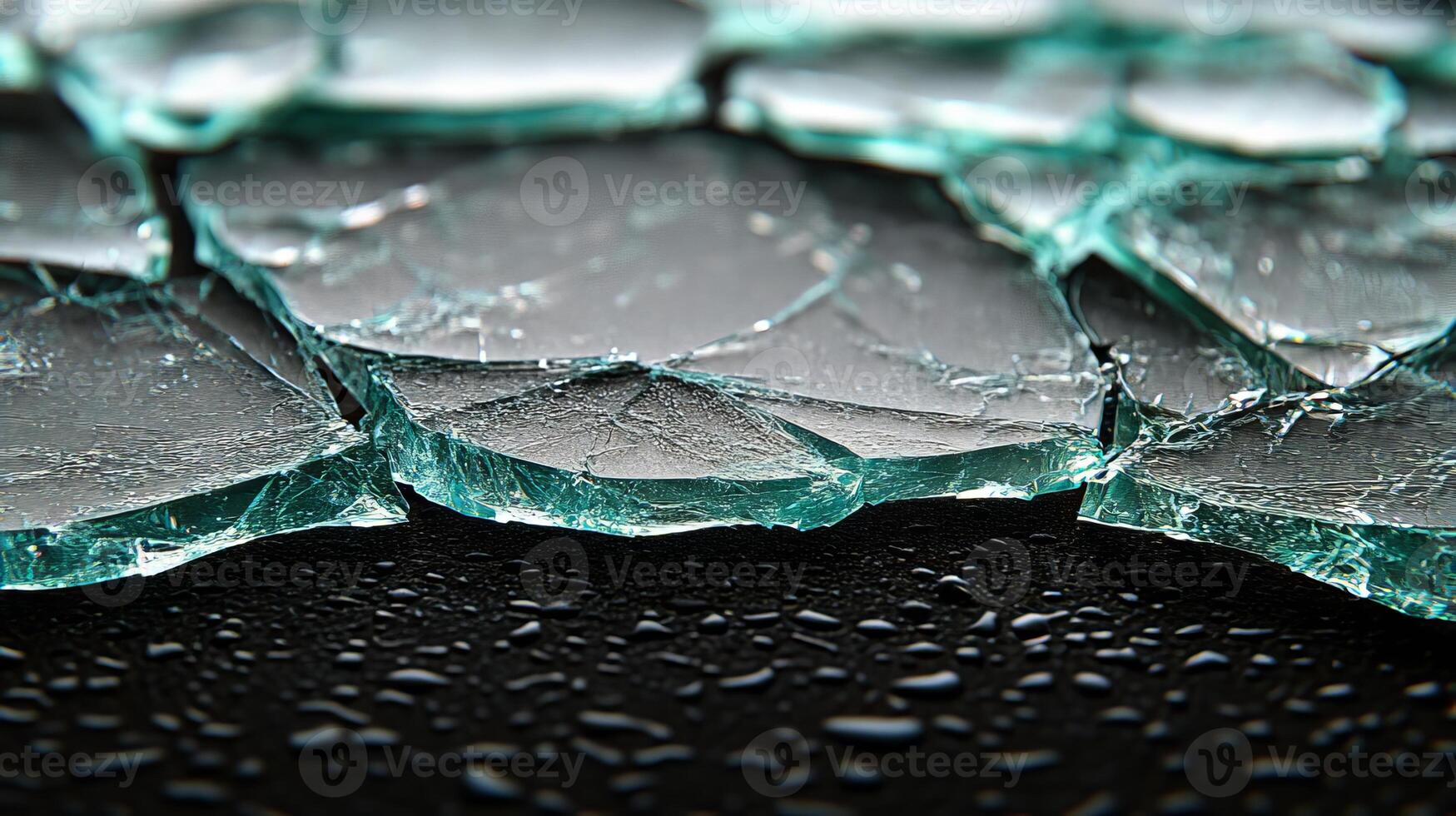 Tiny droplets of water rest on sharp shards of broken glass, reflecting light elegantly photo