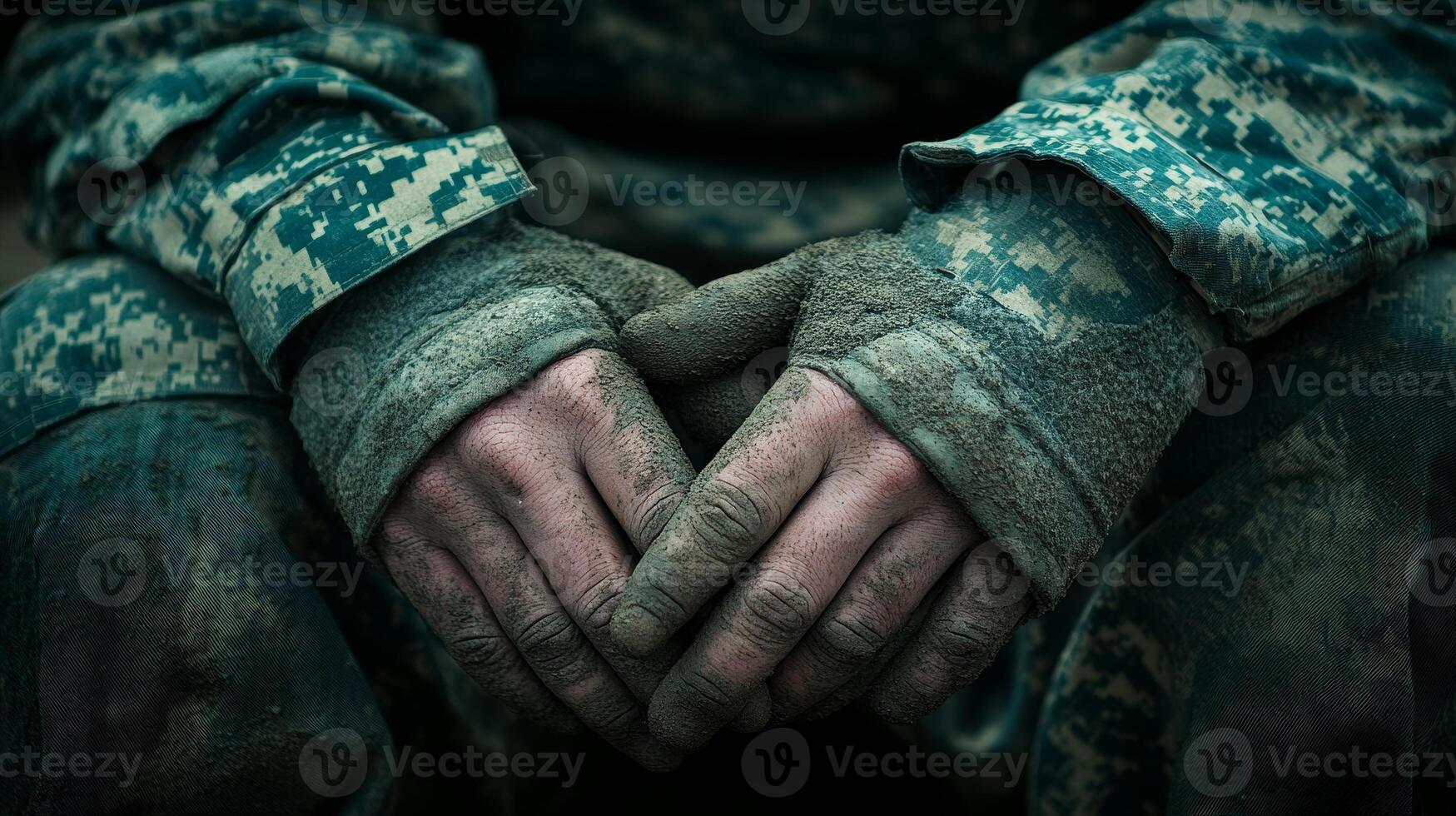 Worn hands clasped show the weight of service, capturing a reflective moment in nature photo