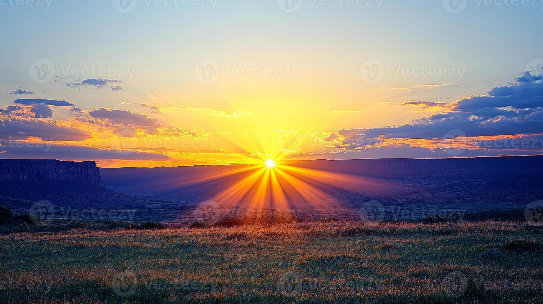 The sun rises majestically, casting golden rays across the serene landscape and colorful clouds photo