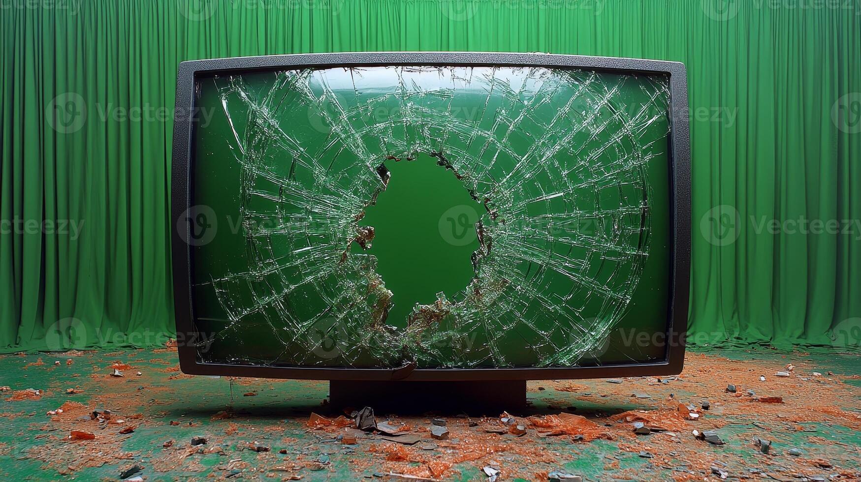 A shattered TV stands out against a vivid green background and scattered debris photo