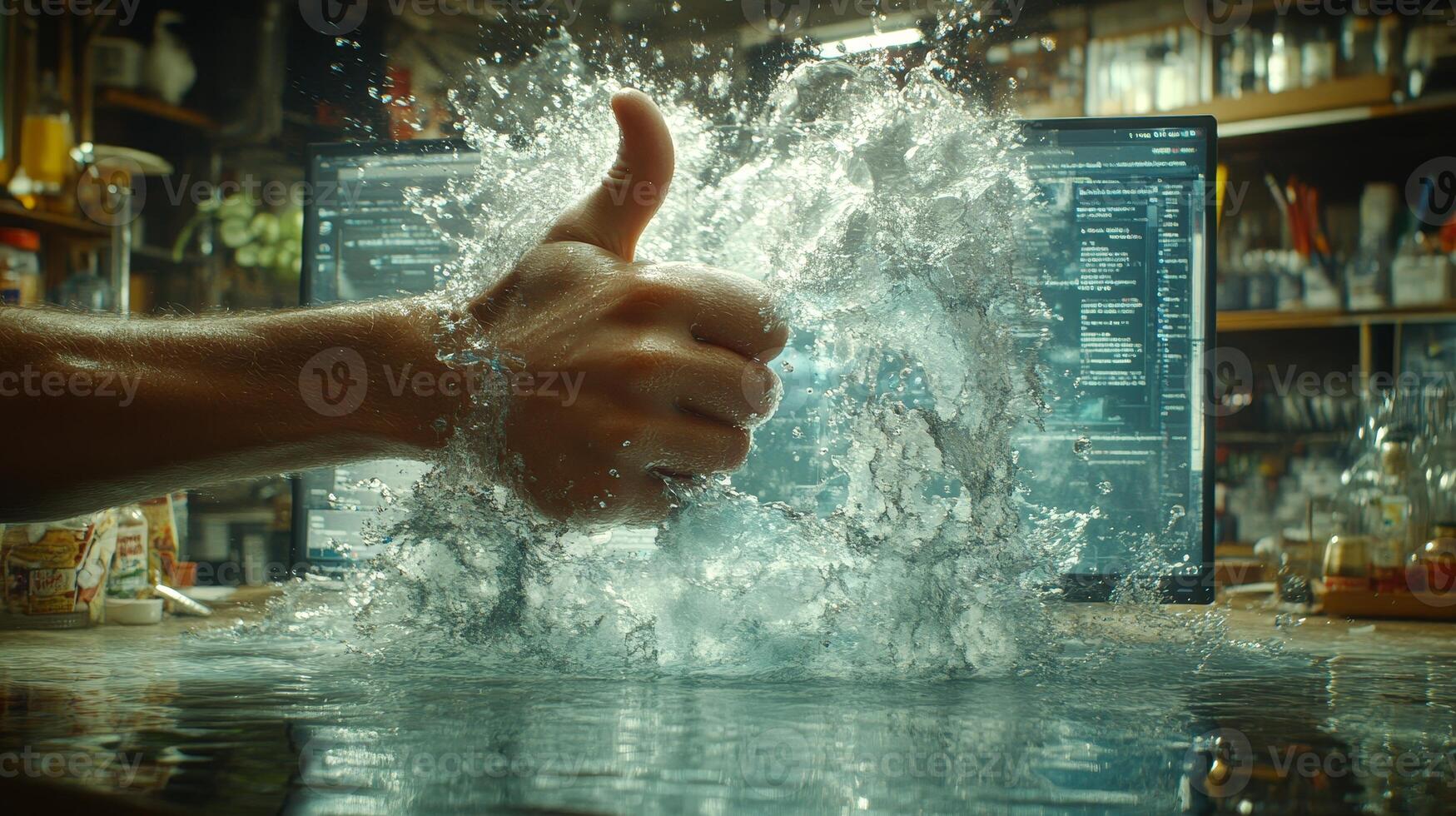 A hand rises from swirling water in a digital workspace, symbolizing positivity and creativity photo