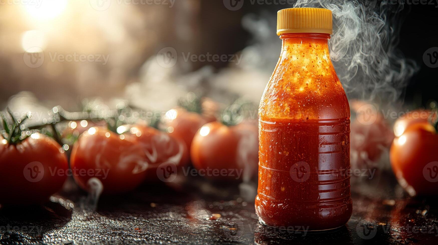 A bottle of rich tomato sauce stands amongst fresh tomatoes, steam rising in warm light photo