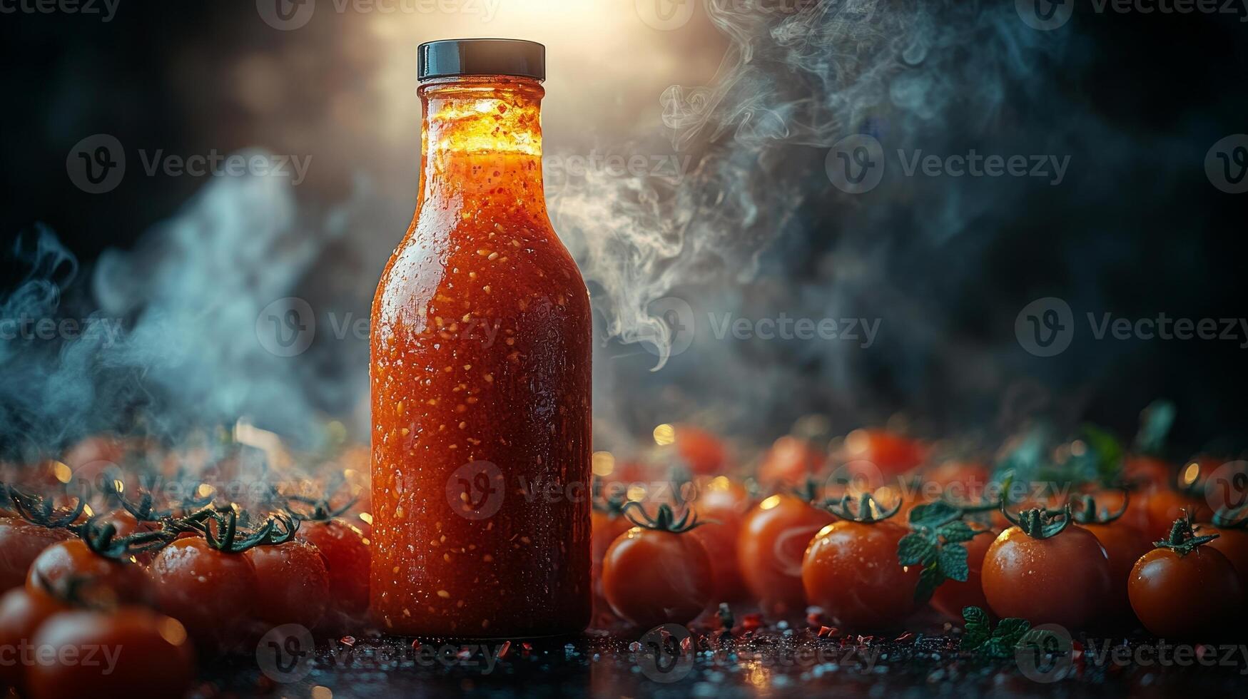 A vibrant bottle of sauce stands amidst ripe tomatoes, releasing steam in a cozy kitchen atmosphere photo